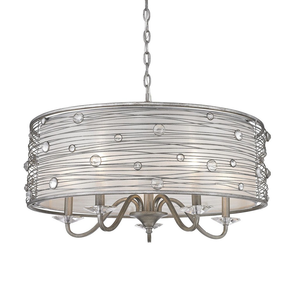 Golden Lighting-1993-5 PS-Joia - Chandelier 5 Light Steel Cloth in Contemporary style - 15.25 Inches high by 26 Inches wide   Peruvian Silver Finish with Sterling Mist Shade